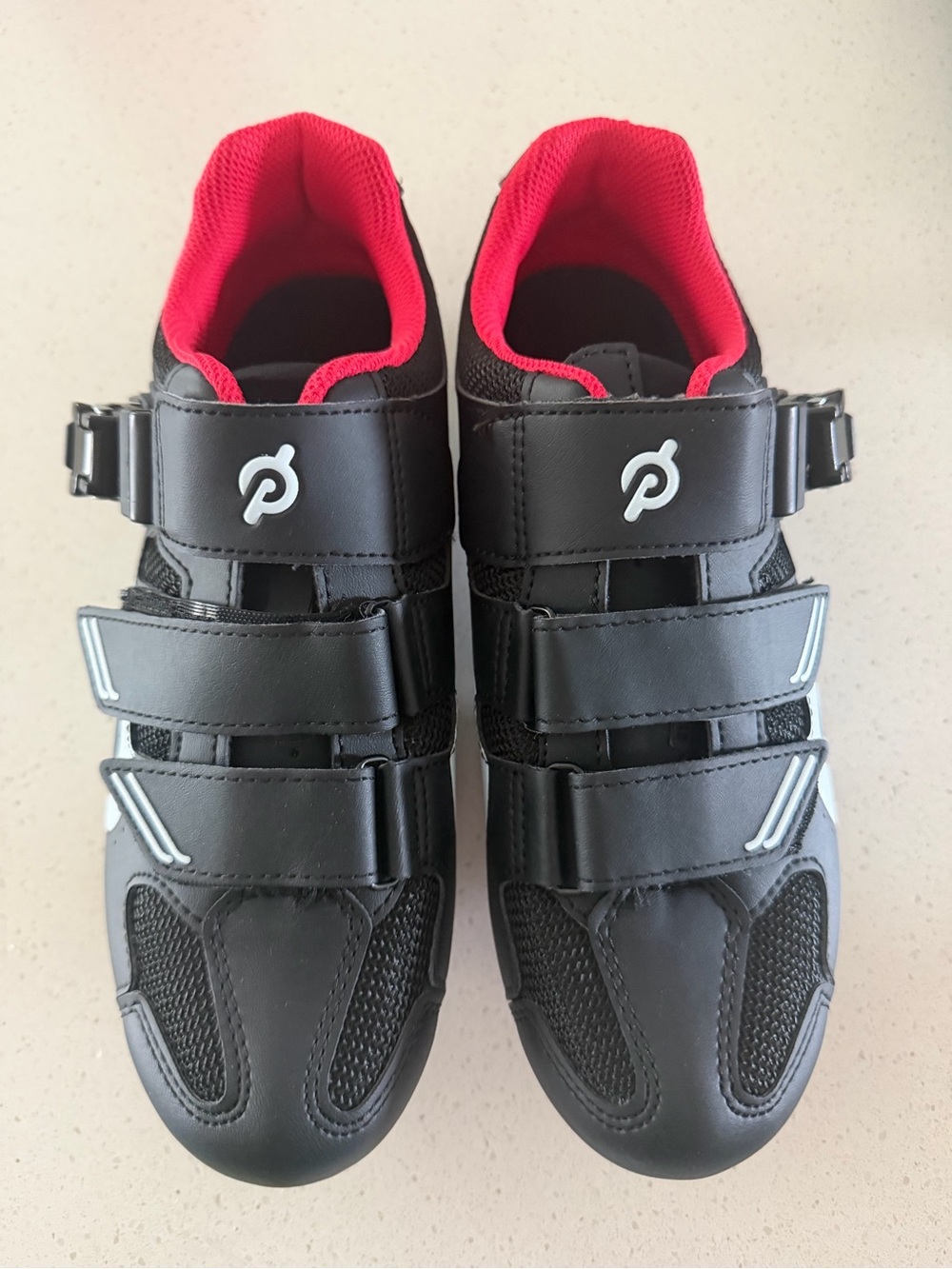Peloton Black Cycling Shoes with Red Lining and Triple-Strap Closure